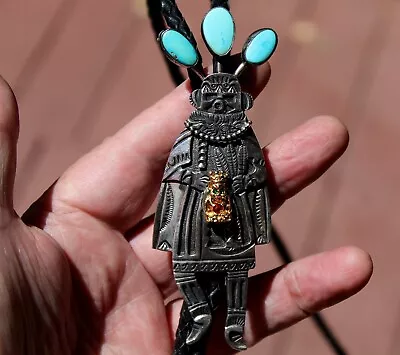 HUGE Old Pawn TWO DOGS Navajo Sterling Silver & Turquoise Stone Kachina Bolo Tie • $565