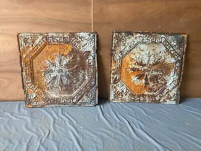 Antique Pair Tin Ceiling  Two 2' X 2' Shabby Tile 24  SQ Chic VTG Crafts 115-23A • $69