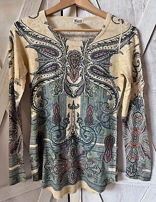 New Vocal Apparel Womens Crystal Taupe Paisley Flower Shirt M L Large • $20