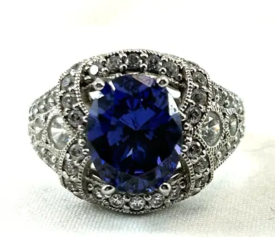 EPIPHANY DIAMONIQUE Sterling Silver Blue CZ Solitaire Ring W/ Accents Size 5 • $29.99