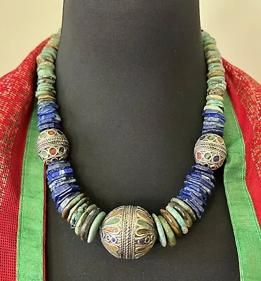 Tagmoute Enamelled Berber Egg Beads With Turquoise & Lapis Lazuli Boho Necklace • $212.50