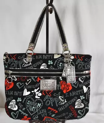 Coach Poppy 16052 Metallic Silver Graffiti Hearts Large Glam Tote • $95.99