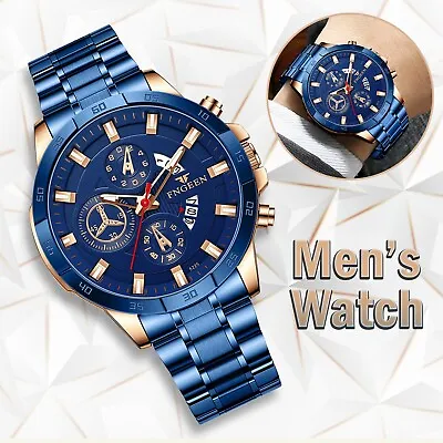 $15.99 • Buy FNGEEN Waterproof Blue Men Quartz Watch Classic Stainless Steel Analog Business