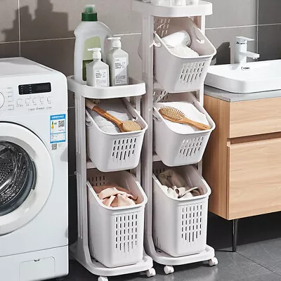 2/3Tier Slim Laundry Cart Washing Clothes Basket Trolley Storage Bin Hamper Rack • £18.95