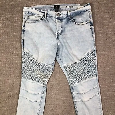 H&M Jeans Mens 38 Blue Skinny Acid Wash Moto Ribbed Actual 35x30 • $9.74