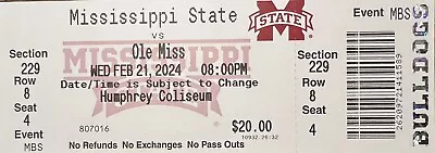 2024 Ole Miss Vs Mississippi State Bulldogs Collectible Basketball Ticket Stub • $6.99