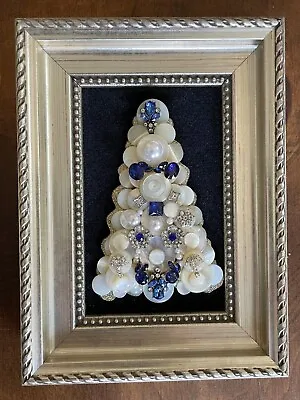 Vintage Jewelry Art Framed Christmas Tree Recycled Jewelry Blue White • $29.99