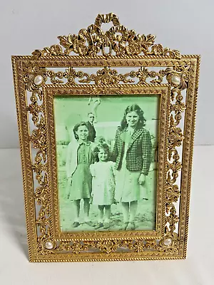 Vintage Victorian Ornate Floral/Ribbon Etched Brass/Bronze Glas 8  Picture Frame • $32.88