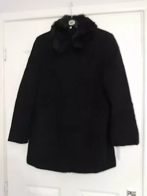 George Ladies Woolen Black Coat With Faux Fur Collar Size Small Est 12 • £4.99