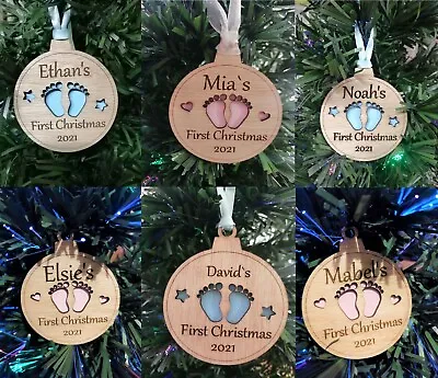  Baby's First Christmas . Personalised Wooden Bauble Christmas Tree Decoration • £5.49