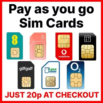 SIM Card Pay As You Go £10 Pack EE Three Vodafone O2 VOXI Giffgaf Lyca For £0.2p • £0.99