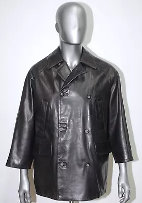 Vintage 80s Black Leather Raglan Pea Coat LANVIN PARIS Size M Made In France • $180