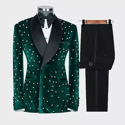 Velvet Men Suits Beaded Jacket Wedding Groom Blazer Green Shawl Lapel Tuxedos • $59.05