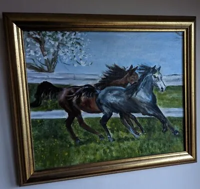 Running Horses On The Field Framed Original Painting • £44