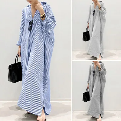 8-24 Women Long Sleeve Maxi Dress Shirt Dresses Kaftan Casual Long Kaftan Plus • £23.99