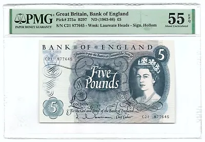 GREAT BRITAIN N/D (1963-1966) 5 POUNDS. SIGN: J. Q. HOLLOM. P-375a. PMG-55EPQ. • $115