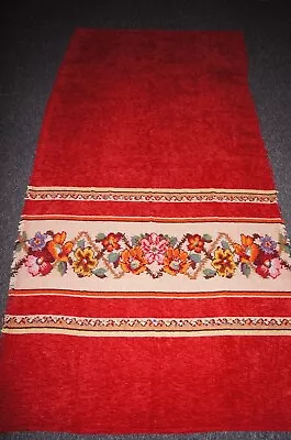 Vintage 1930s /40s Red Chenille Floral Border Fringe Sides Long Door Curtain • $111.89