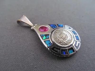 $29.99 • Buy Vintage Mexico Nickle Silver Enamel Tribal Aztec Inlay Opal Ruby Pendant
