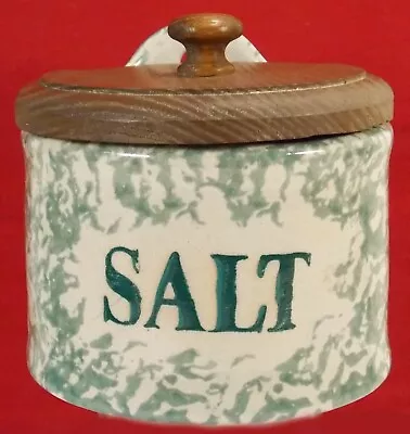 Vintage Green Spongeware Salt Box With Lid • $22.99