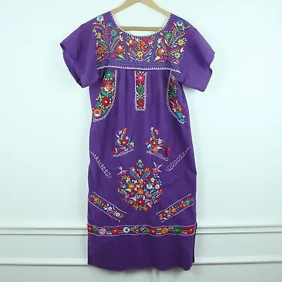 FLAW Vintage Mexican Embroidered Dress Huipil Purple Cotton Bird Floral XS • $26.60
