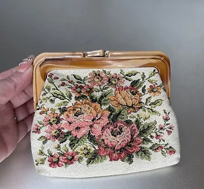Vintage Petite Needlepoint Floral Tapestry Coin Purse Bag Hong Kong • $18.04