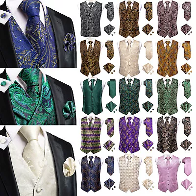 Hi-Tie Mens Waistcoat Vintage Floral Vest Suit Tie Hanky Set Wedding Party 4XL • $51.98