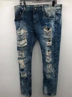 Trillnation Mens Blue Denim Pockets Distressed Skinny Leg Jeans Size 36 • $5.99