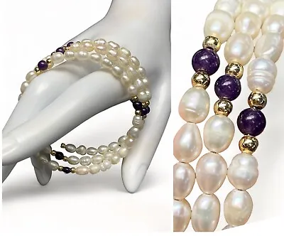 Vintage White Cultured  Pearl Amethyst Gold Beaded Flex Wire Bracelet One Size • $26.50