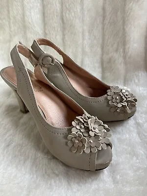 Shoes Size 4 Beige Sandals Flora Mid Heel Brown Peep Toe Sling Back Party Formal • £12.99