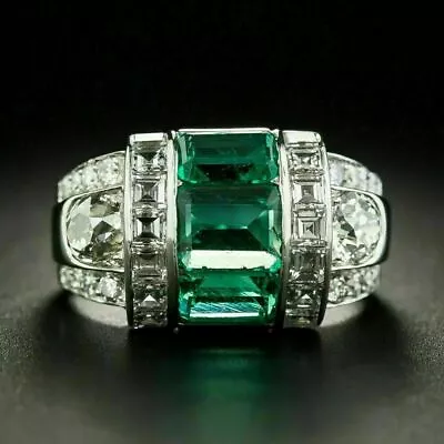 Men's Vintage Ring 14K White Gold Engagement Wedding Ring 3 Ct Simulated Emerald • $174