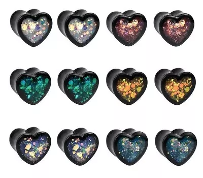 Pair Glittery Heart-Shaped Acrylic Ear Tunnels Ear Gauges Body Jewelry Piercings • $16.37