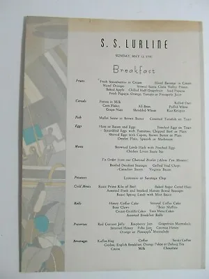 S.s. Lurline Ocean Steamship Company Matson Line Lunch Menu Hawaii 5/12/ 1940 • $9.95