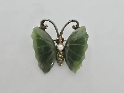 $5 • Buy Vintage Jade Carved Butterfly Brooch Pin Gold-tone Backing, Red Rhinestone Eyes