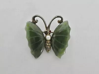 $5 • Buy Vintage Jade Carved Butterfly Brooch Pin Gold-tone Backing, Red Rhinestone Eyes