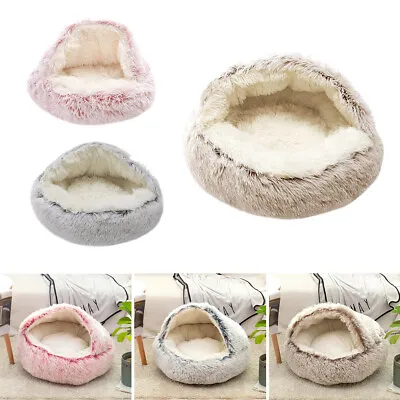 Round Plush Kitten Pet Dog Cat Bed Cave Hooded House Cat Warm Sleeping Nest Bed • £12.95