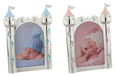 Silver Plated Baby Photo Frame Castle Pink Blue Gems Christening Gift Newborn • £14.76