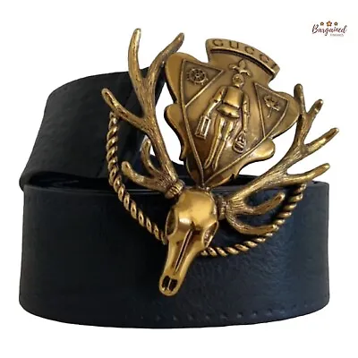 Authentic Gucci Black Calfskin Leather Gold Antler Crest Buckle Belt 95/38 • $350