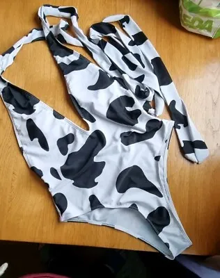 Womens Cow Print Low Cut Padded Backless Halterneck Belt Swimsuit Sexy Size L  • £0.99