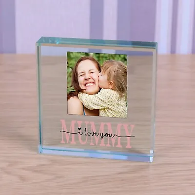 Personalised MUMMY Glass Block Token Photo Gift Paperweight Love You Mother • £14.99