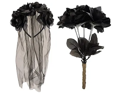 £5.45 • Buy Zombie Corpse Bride Set Veil Headband & Black Dead Roses Halloween Fancy Dress