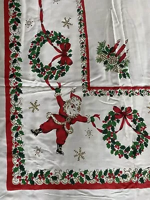 $30 • Buy Vintage Beautiful Christmas Tablecloth With SANTA, Wreaths, Trees, Ornaments