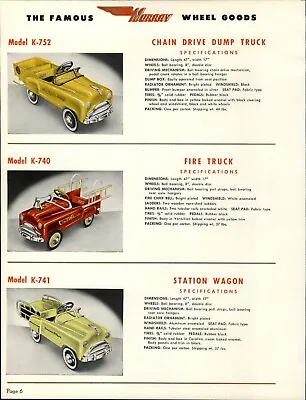 1954 PAPER AD Murray Pedal Car Chain Drive Dump Truck Station Wagon Fire Engine • $29.99