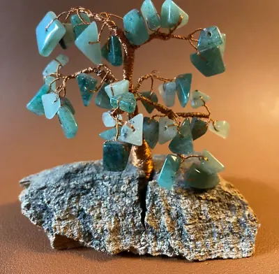 VTG Jade Gemstone Bonsai Tree Gold Copper Wire 3 1/4  Tall In Wood Petrified? • $24