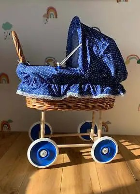 Navy Blue Wicker Doll Pram. Best 1st Birthday Present. Baby Pram. Handmade • £39