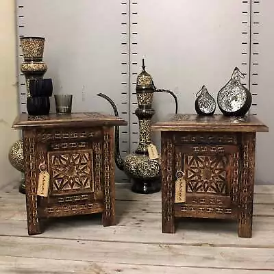 Rupicola Set Of 2 Small Square Side End Tables Moroccan Style Carving Storage • $345.11