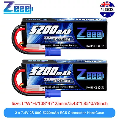 2x Zeee 7.4V 80C 5200mAh 2S LiPo Battery EC5 For 1/8 1/10 RC Car Truck Boat Heli • $50.99