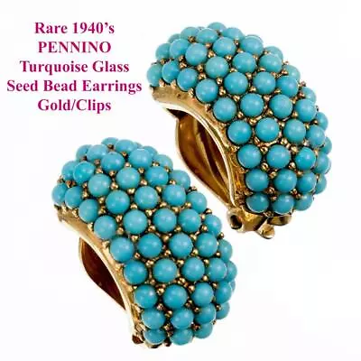 RARE Pennino Turquoise Seed Bead Earrings Gold Metal Vintage Clips Clip On 40's • $229
