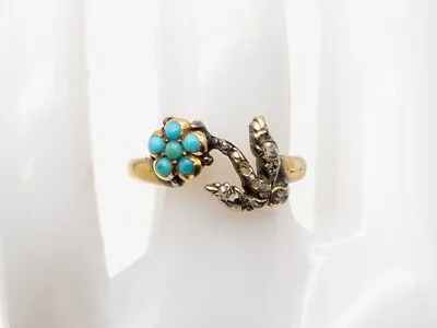 Antique Victorian 1ct Turquoise Mine Cut Diamond 14k Yellow Gold FLOWER Ring • $465