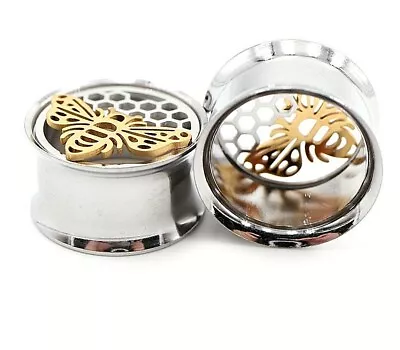 Pair Honey Bee And Honeycomb Ear Gauges Plugs Ear Tunnels Body Jewelry Piercings • $16.37