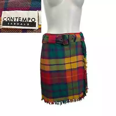 1990s Rainbow Cotton Madras Plaid Short Wrap Skirt / Women’s Small * • $22